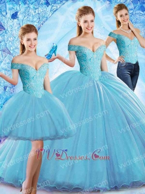 Detachable Three Pieces Blue Sparkling Tulle Princess Quinceanera Gowns Clearance