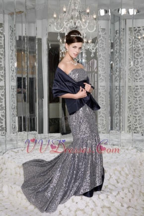 Mermaid Strapless Silver Sequin and Navy Taffeta Sash Prom Dress Inexpensive