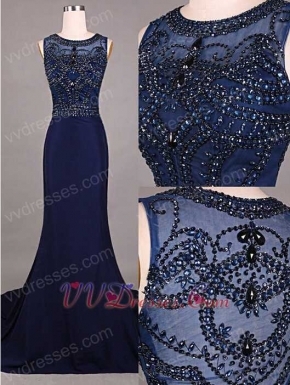 Civility Scoop Beading Navy Blue Mermaid Prom Dress For Mother