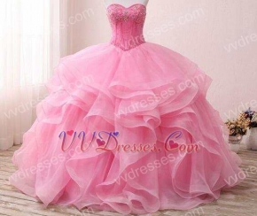 Hot Pink Sweetheart Floor-Length Puffy Elastic Horsehair Ruffles Ball Gown