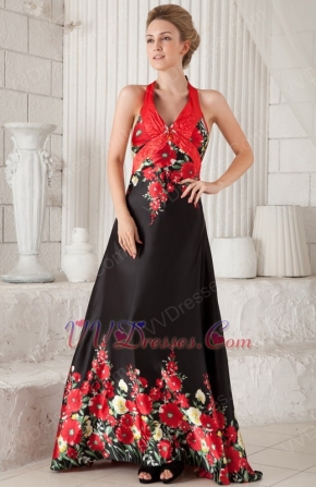 New Arrival Halter Skirt Prom Dress Red and Black Printed Flowers