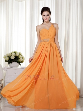 One Shoulder Orange Floor Length Cache Prom Dress With Beading