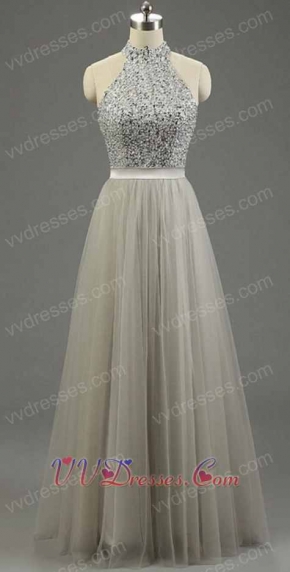 Halter Top Floor Length Multilayered Silver Tulle Grande Toilette
