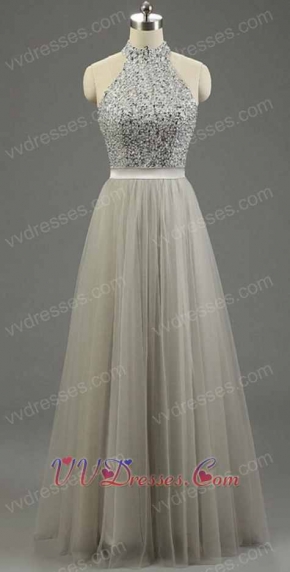 Halter Top Floor Length Multilayered Silver Tulle Grande Toilette