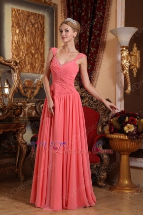 New Fashion 2014 V-neck Watermelon Chiffon Prom Girl Dress