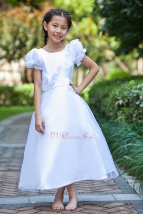 Cheap Scoop Short Knee Length White Organza Flower Girl Dress