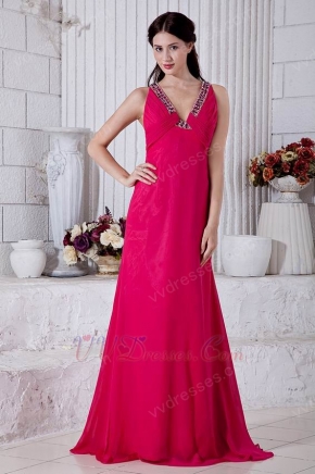 Cross Back V-Neck Empire Waist Deep Pink Chiffon Prom Dress