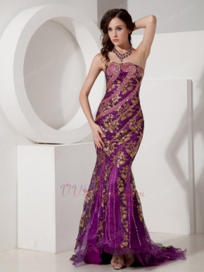 Purple Mermaid Evening Dress With Gold Applique Emberllish