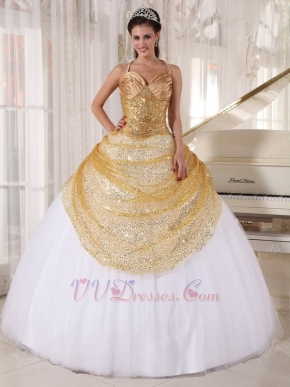 Spaghetti Straps White Skirt With Golden Sequin Sweet Sixteen Dress