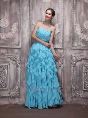 Aqua Blue Sweetheart Ruffled Cascade Skirt Prom Evening Dress