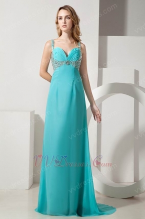 Straps Ruched Bodice Turquoise Chiffon Prom Dress With Beading