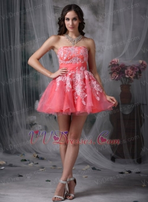 Watermelon Strapless Appliqued Mini Prom Dress Sexy Knee Length Sexy