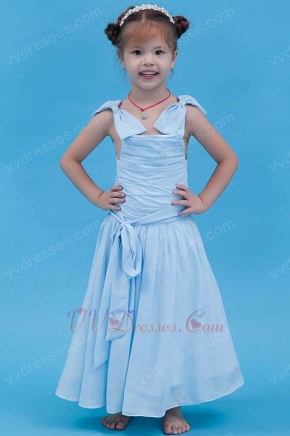 Lovely Straps Bow Ruched A-line Baby Blue First Communion Dress