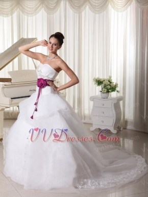 Organza Beautiful Puffy Skirt Weding Dress With Magenta Sash Low Price