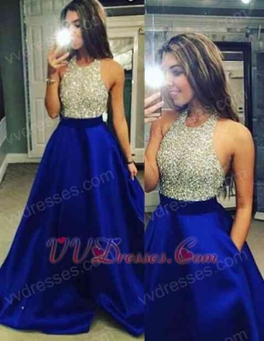 Cheap Halter Royal Blue Pocket Prom Dress Fully Beading Empire Waist