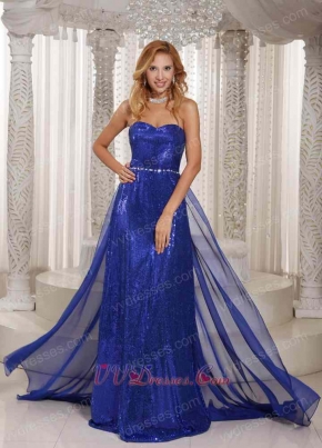 Royal Blue Sequin Lace Stylish Prom Dress With Chiffon Train From Waist