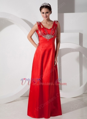 Empire Waist Scarlet Red Satin Beaded Prom Party Dress