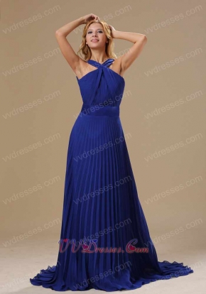 Decent Halter Top Royal Blue Chiffon Pleat Skirt Evening Dress Essentials