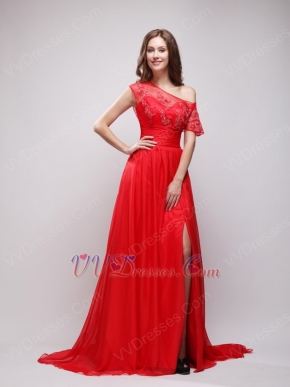 High Low Neckline Red Chiffon Night Party Dress For Girl
