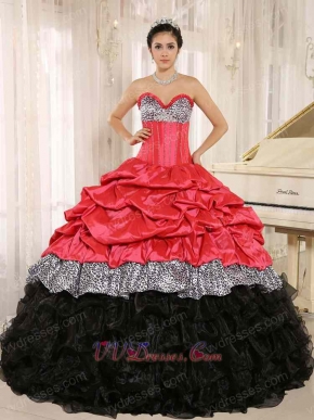 Coral Taffeta Bubble Black Organza Ruffles Mix-and-Match Quinceanera Dress