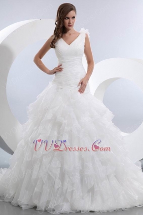 V Neck Cascade Puffy Organza Skirt Ivory Wedding Dress Online