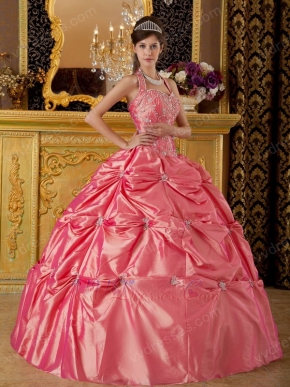 Classical Waltermelon Tafftea Quinceanera Dress With Halter Design