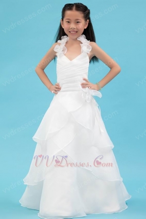 Beautiful Halter Rosette Straps Layers White Flower Girl Dresses