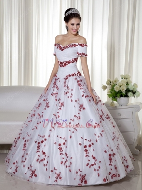 Short Sleeves White Quinceanera Dress With Wine Red Leaves