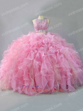 Two Pieces Separated Scoop Blouse Sparkling Tulle Ruffles Quinceanera Ball Gown Pink