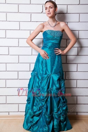 Beautiful Beaded Peacock Blue Taffeta Lady Evening Gown