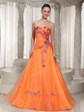 Hot Sell Classical Style Orange Organza Sweetheart Prom Dress Appliques