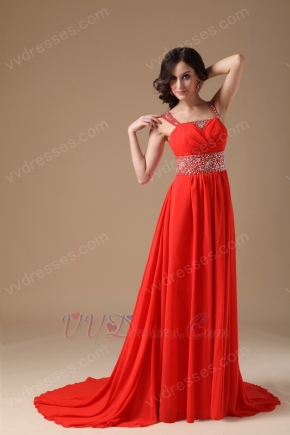 Spaghetti Straps Beading Emberllish Orange Red Prom Dress