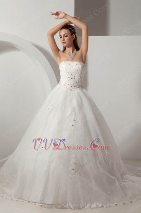 Cheap Strapless Appliques Crystal Cathedral Ivory Bridal Dress