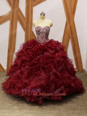 Silver Beading V-Shape Basque Wine Red Organza Dense Ruffles Quince Military Ball Gowns