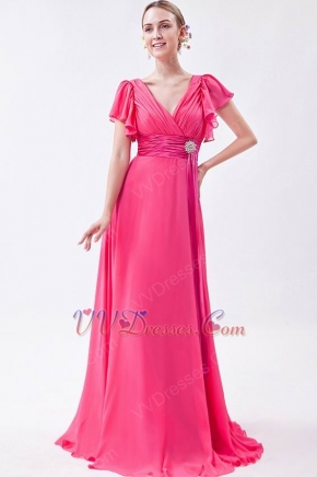 Modest Ruched Short Sleeves Draped Rose Pink Chiffon Prom Dress