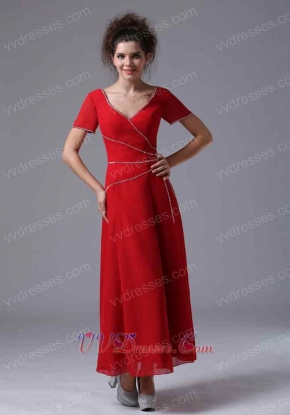 Red V-Neck Ankle-length Alternate Beads Mother of the Bride Dress Most Choice