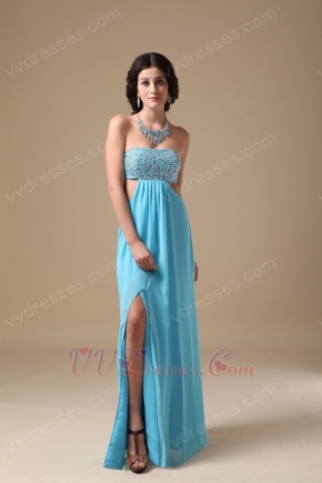 Beaded Exposed Aqua Chiffon Prom Dress With Show Leg Split