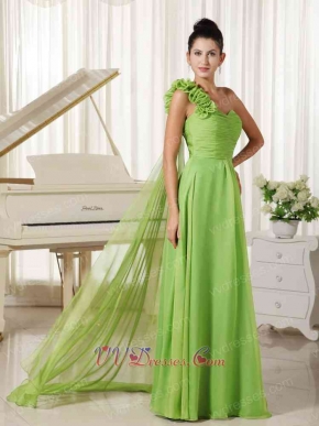 Single Floral Sleeve Spring Green Ballroom Dancing Dress With Watteau Train