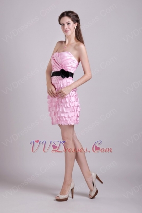 Pink Mini-length Layers Skirt Graduation Dress With Black Sash