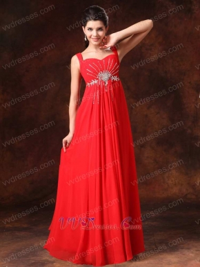 Beaded Straps Prom Dress With Empire Red Chiffon Skirt Cheap Price