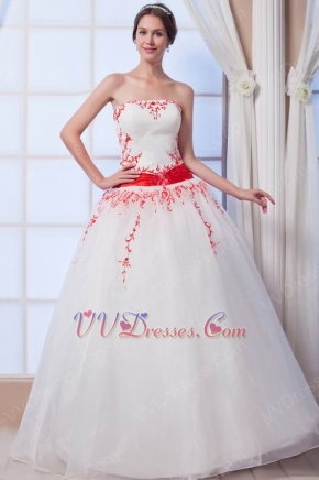 Elegant Strapless White Puffy Prom Ball Gown With Red Embroidery