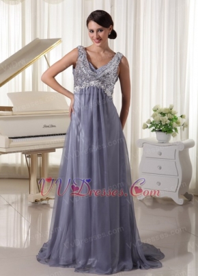 Sequins V-neck Grey Chiffon Floor Lenght Skirt Prom Gown Inexpensive