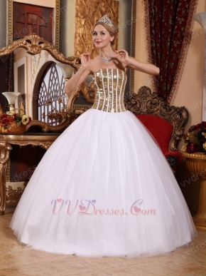 White Tulle Quinceanera Dress With Flaring Golden Sequin Bodice
