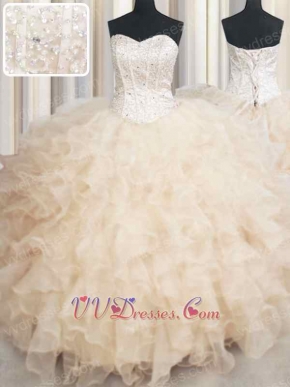 Pearl Champagne Dense Ruffles Tapes Beadwork Bodice Ball Gown For Military Meeting