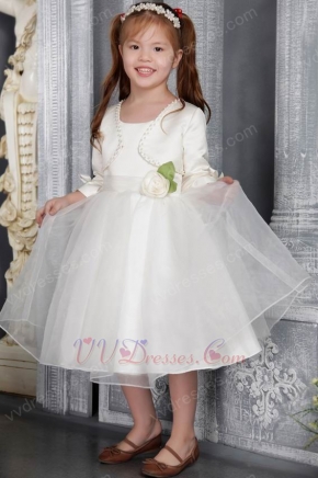 White A-line Scoop Tea-length Organza Sash Flower Girl Dress