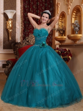 Dark Cyan Quinceanera Dress With Handmade Flower Side