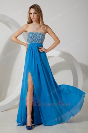 Sexy Beaded Split Skirt Blue Chiffon Evening Dress For Discount