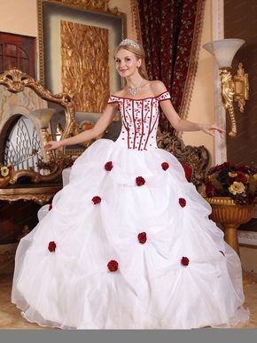 Off Shoulder White Quinceanera Dress With Wine Red Flower