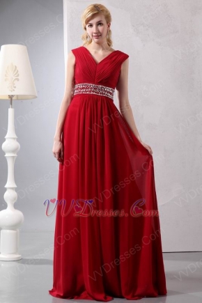 Wine Red V Neckline Floor Length Dress To Evening