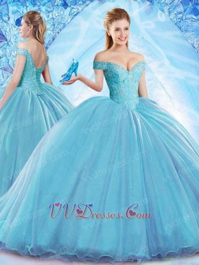 Off Shoulder Fluffy Flat Ice Blue Quinceanera Ball Gown With 20in Train